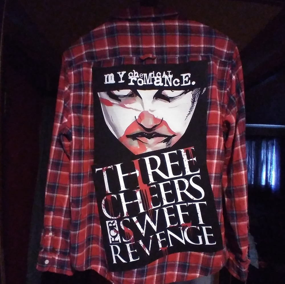 upcycled flannel shirt w/ custom MY CHEMICAL ROMANCE back patch